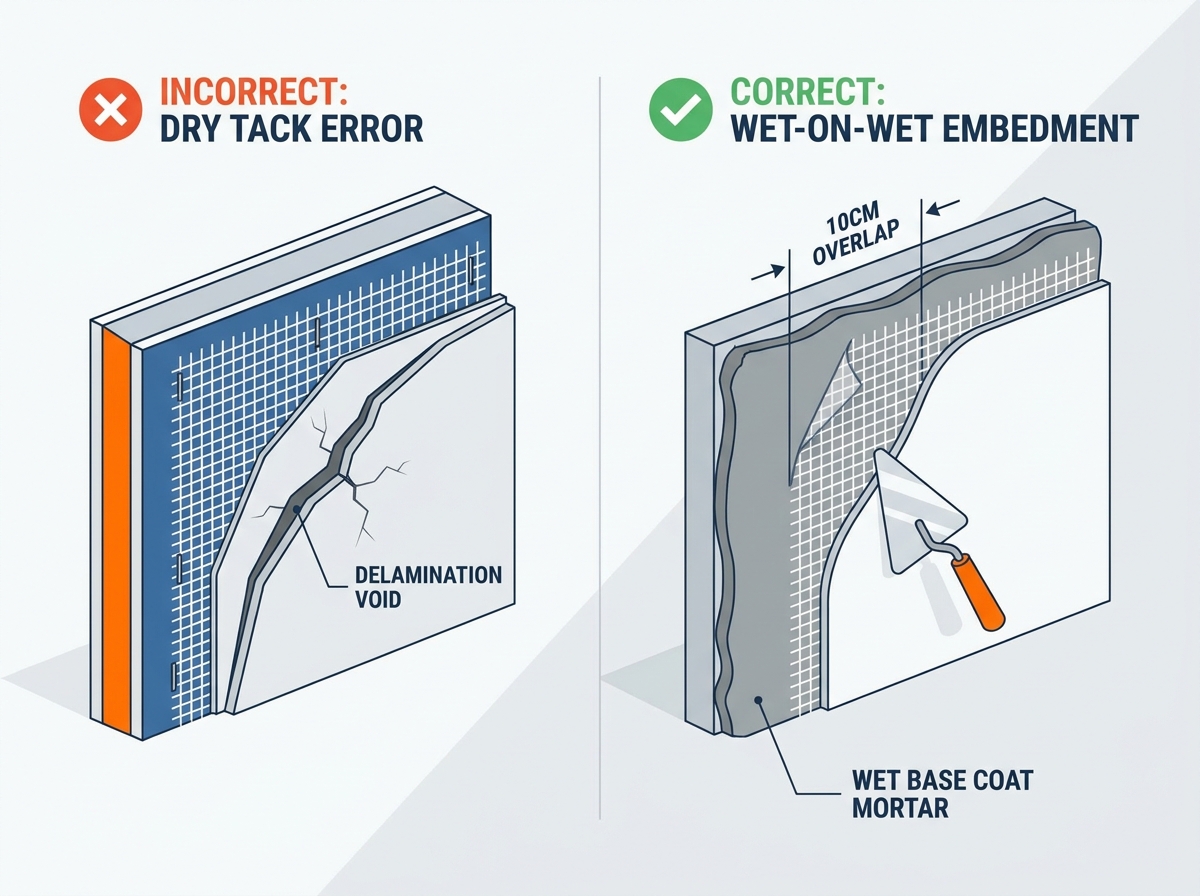 Fiberglass mesh applied during wall plastering construction