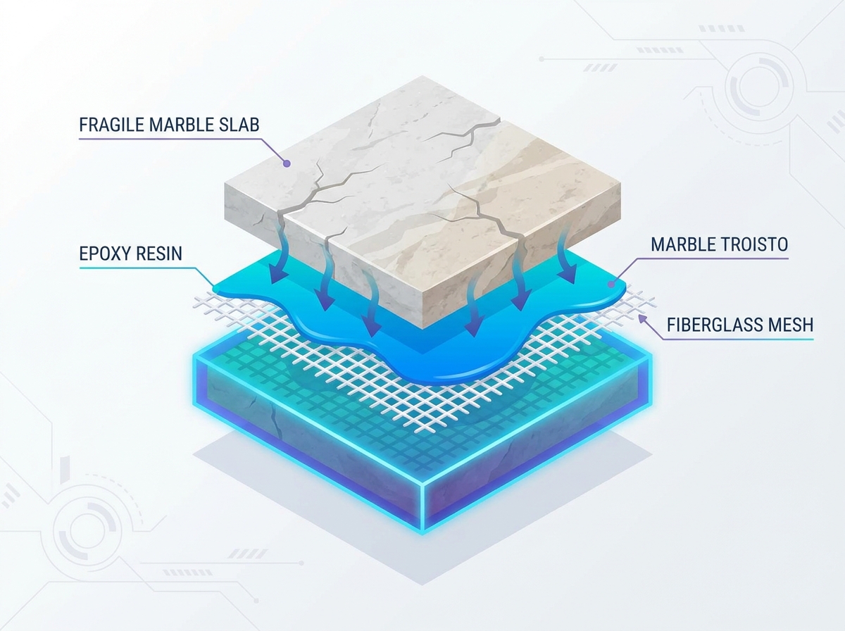 Fiberglass mesh applied to the back of a marble slab for reinforcement